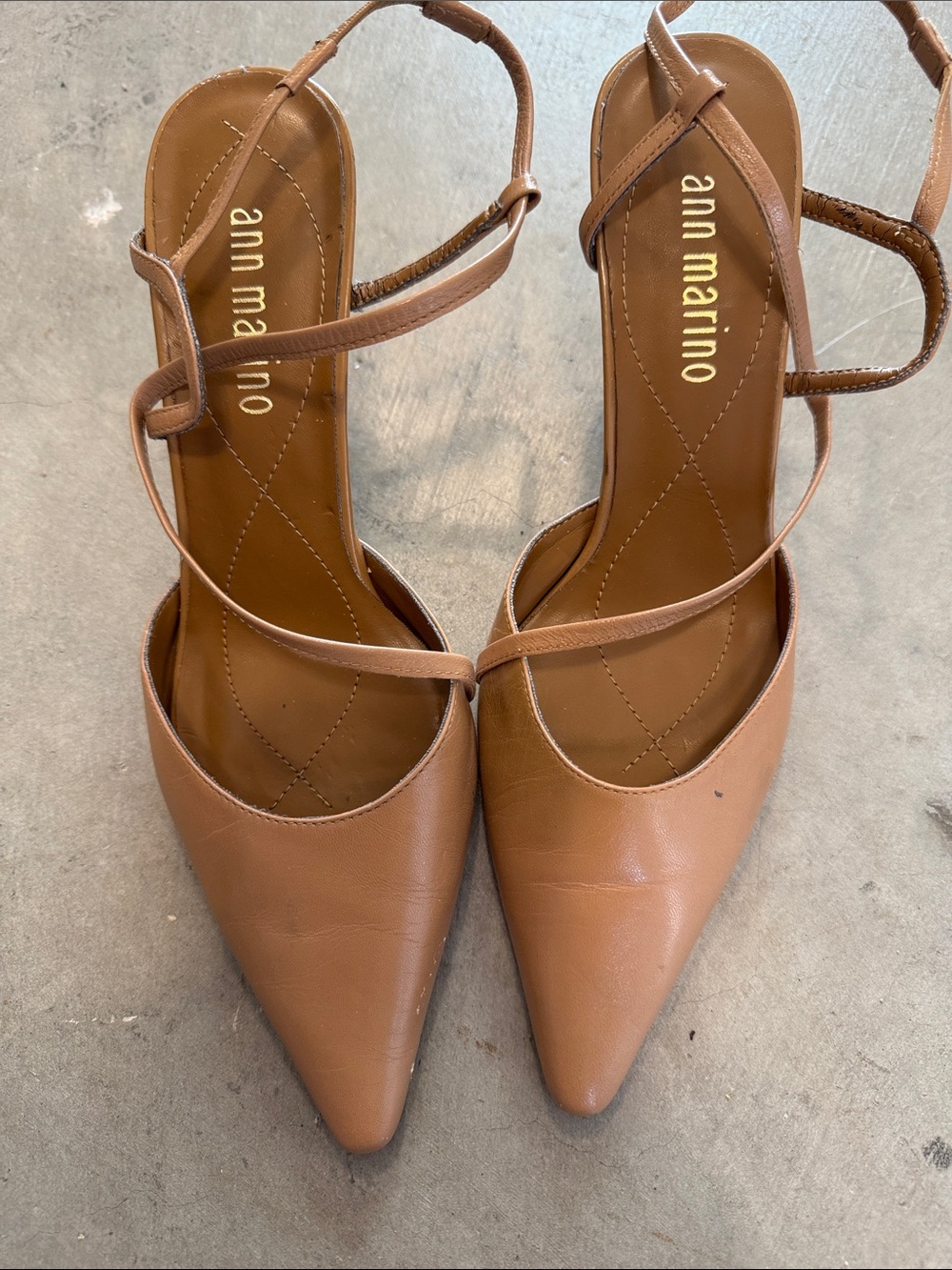 Ann Marino Brown Pointed-Strap Heeled Slingbacks